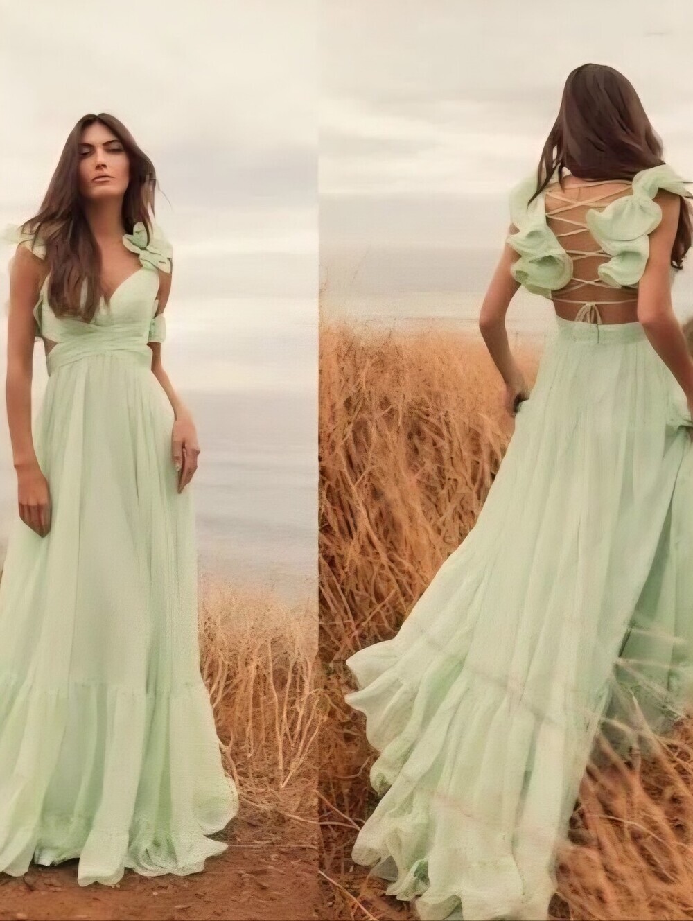 NWT | Mac Duggal 67911 Iconic Chiffon Ruffle Gown In Mint Green Size 10